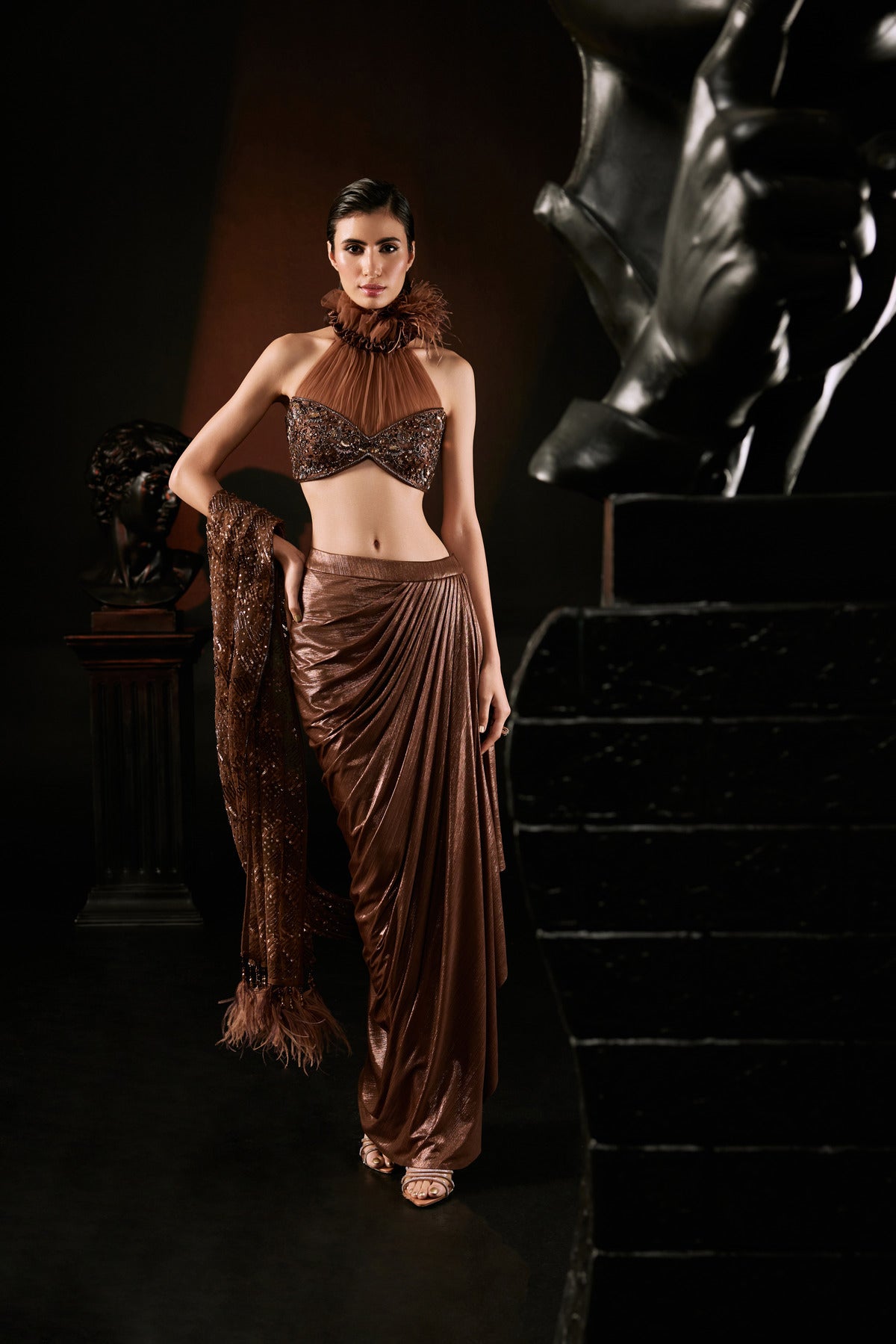 Brun Embroidered Drape Saree