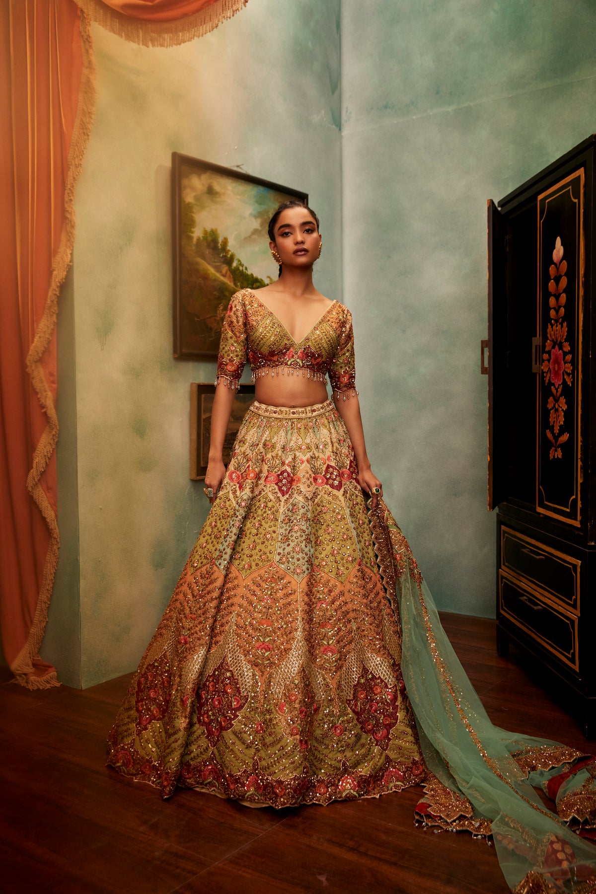 Multi Pastel Lehenga Set with abstract threadwork